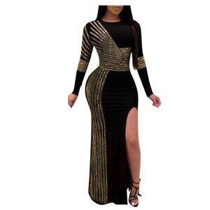 Women Maxi Dress Party Evening Gown Side Slit Long Sleeve Prom Club New Years